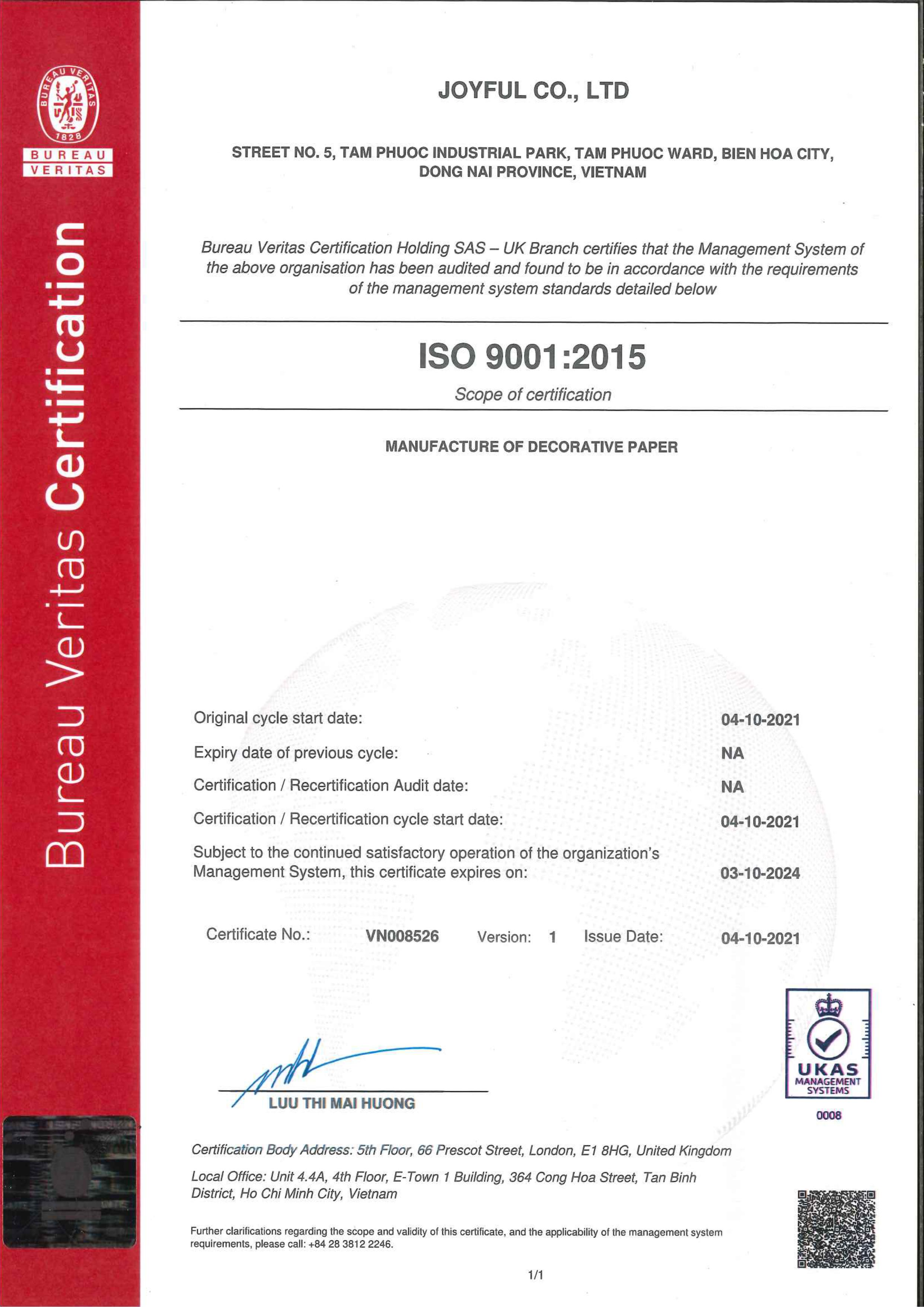 ISO 9001:2015 - Công Ty TNHH Joyful